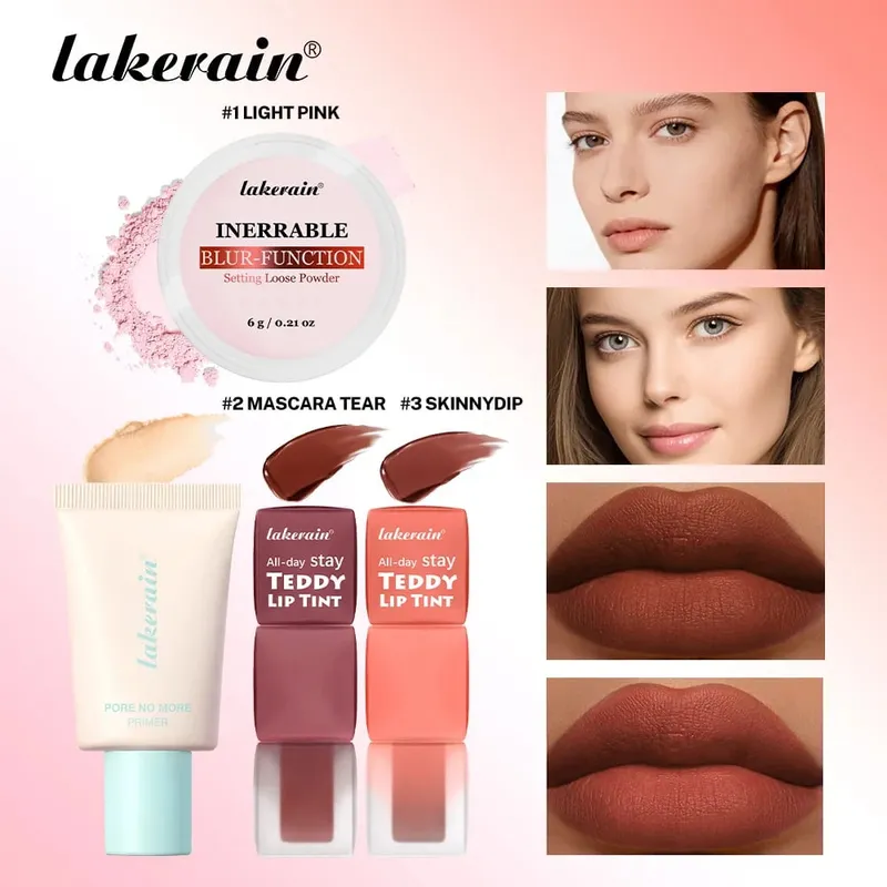 4 teile/satz Pore No More Primer + Lippentönung + Lose Abbindepuder Make-up-Set Matte Langlebige Wasserdichte Wirkung Reise Tragbar — image 7