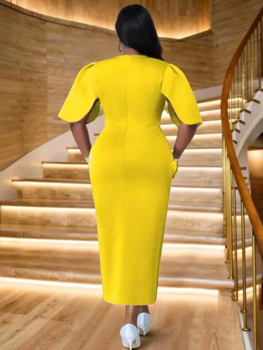 Femme Col Rond Manches Flutter Décor Diagonal Fendue Midi Moulante Robe Grande Taille pour Dîner Formel Mariage Invité Soirée Soirée Mode Occasions — image 2