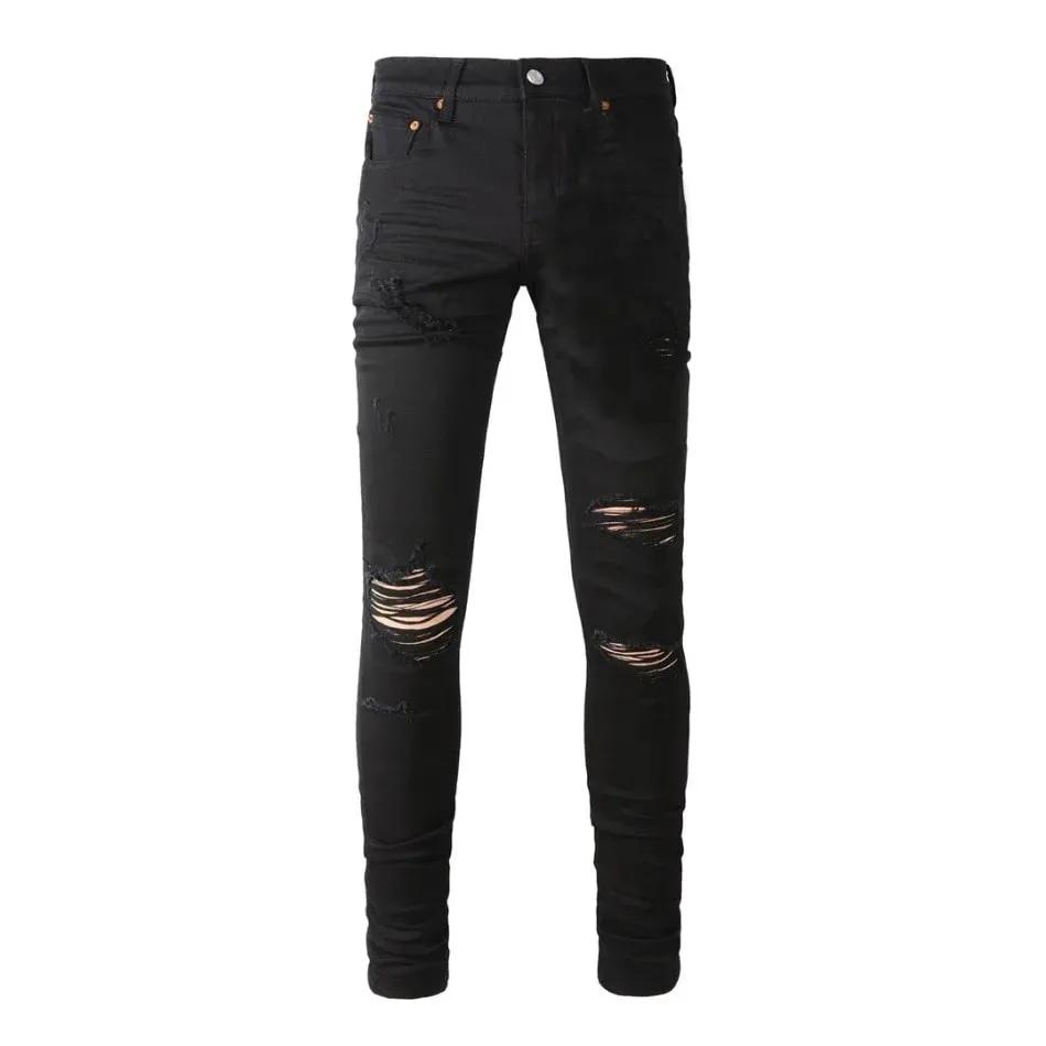 Pantaloni da uomo High Street Jeans American Distressed Nero scuro rivestito bianco elasticizzato con bottoni skinny e pantaloni strappati