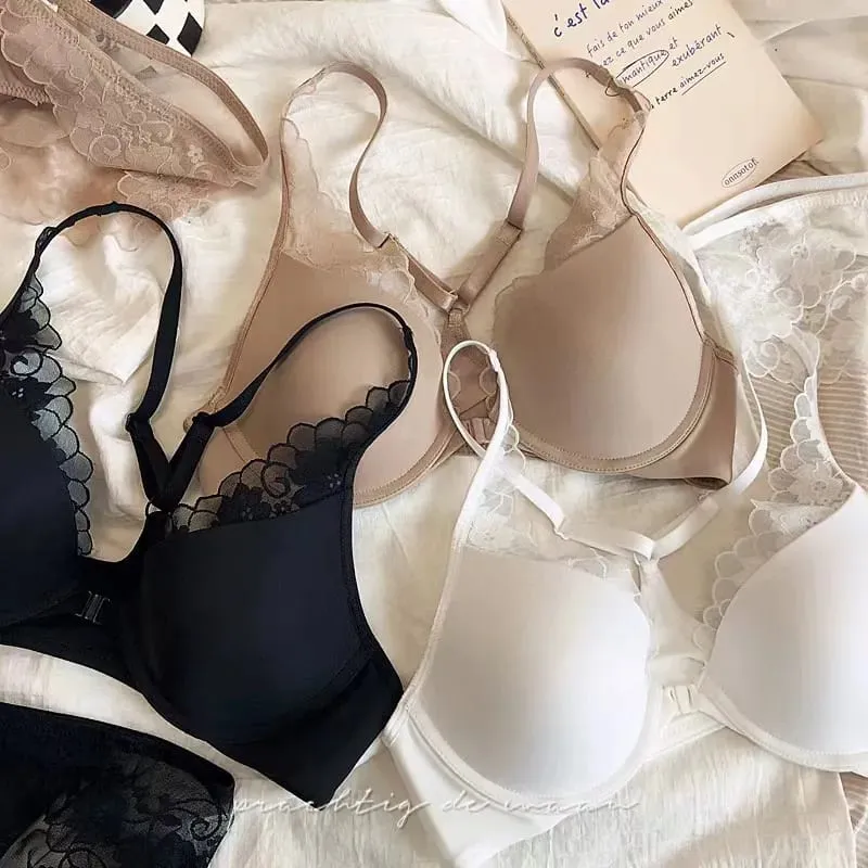 Tunn glansig kopp kors rygglös spets främre stängning bh och trosor set med push up underkläder kvinnor vackra sexiga underkläder — image 4