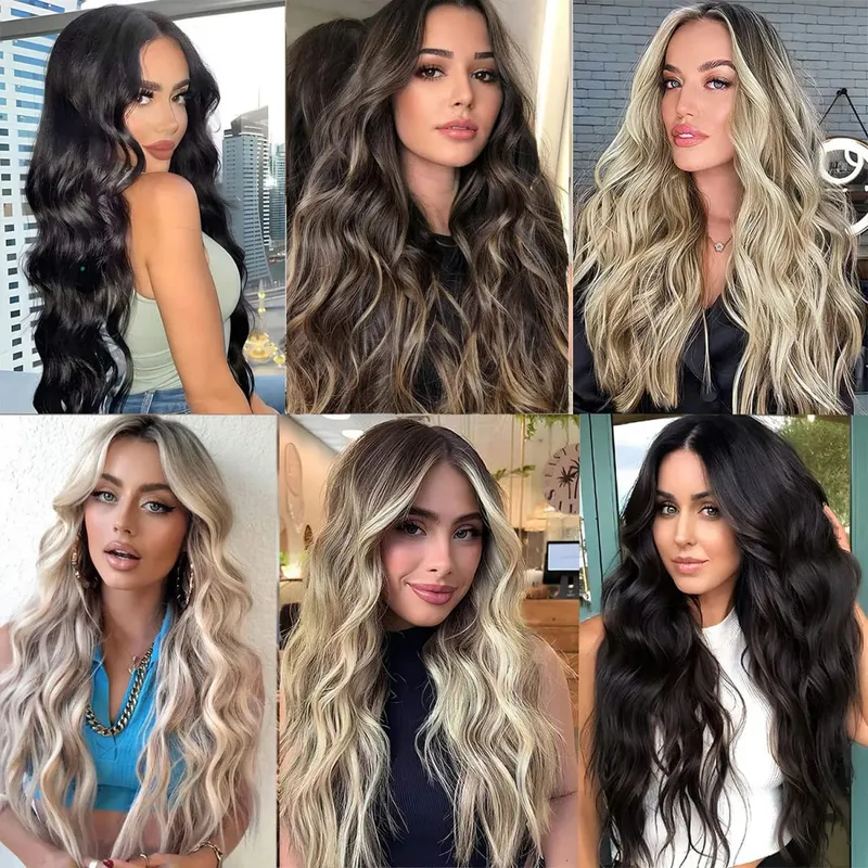 Extensions de cheveux synthétiques à fil Invisible, 4 Clips, ligne de poisson naturelle longue et ondulée, faux postiche une pièce pour femmes — image 6