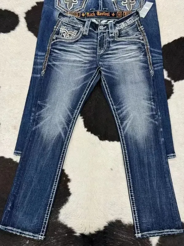 Retro trendy brand washed high elastic wide leg flared jeans Y2K summer blue embroidery American Gothic new fashion heavy street — image 8