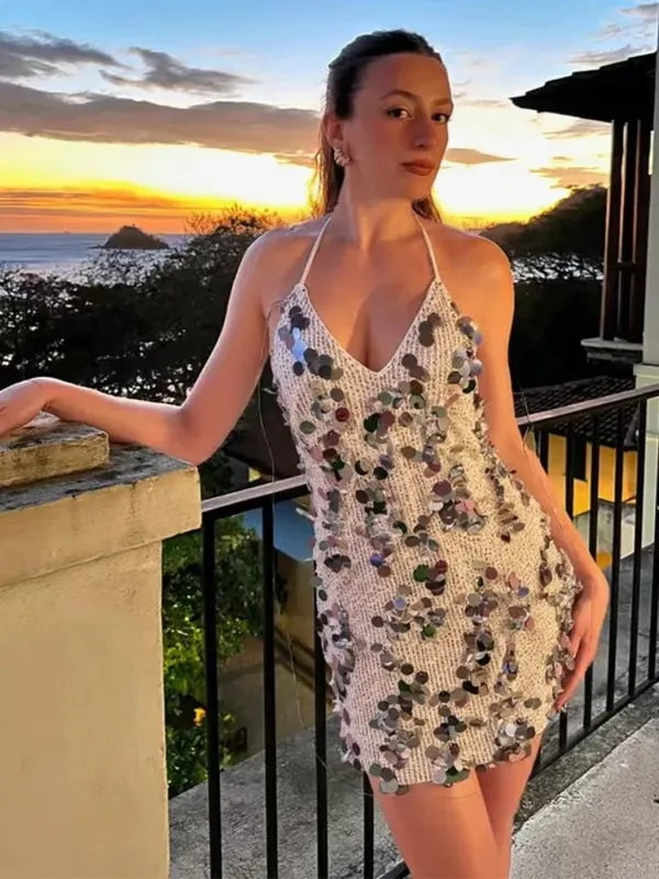 Frauen Solide Pailletten Mini Kleid Neckholder Tiefem V-ausschnitt, Figurbetontes Ärmelloses Sparkly Vestidos Formale Club Party Cocktail Kleider Neue — image 13