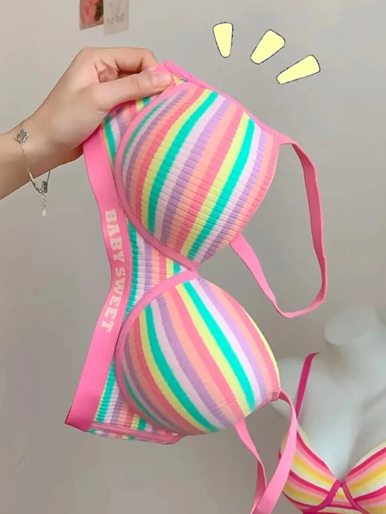Stripe Women's Bra Set Gathered Anti-Sagging Small Chest Side Breast Reduction Underwear Cute Style Nylon — image 2