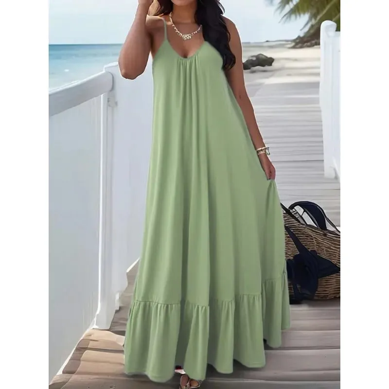 Robes d'été 2026 nouvelle couleur unie Spaghetti sangle Maxi robe femmes col en V pour plage fête Resort tenue quotidienne assortie — image 6