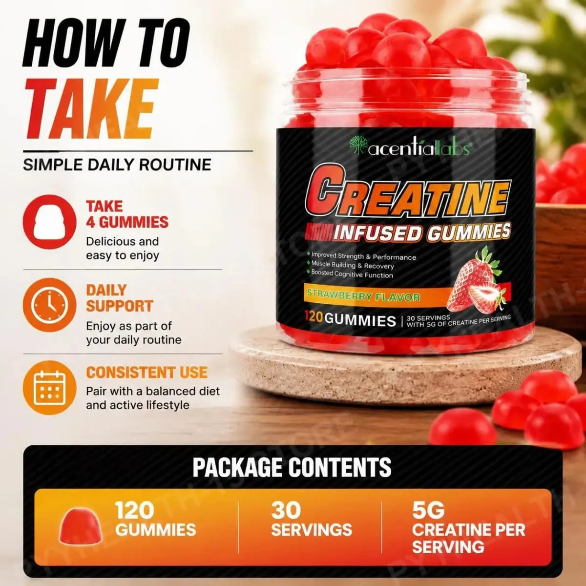 Acentilabs caramelle gommose alla creatina monoidrato per forza e prestazioni costruzione e recupero muscolare 120 caramelle gommose alla fragola — image 6