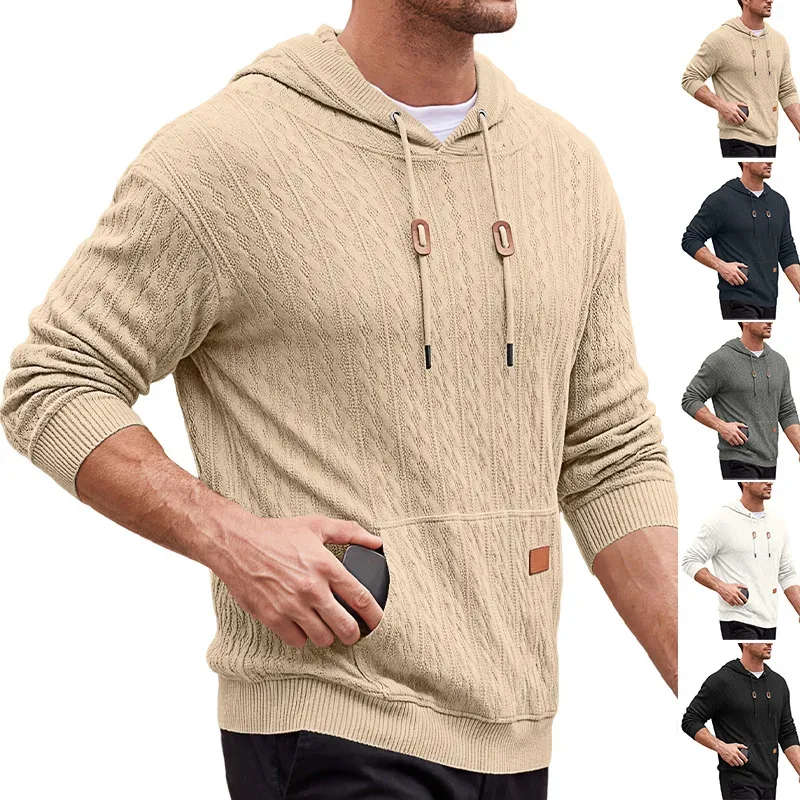 Men Thin Cable Knit Hooded Sweatshirt Drawstring Hood Kangaroo Pocket Long Sleeve Loose Casual Pullover Autumn Daily Street Tops — image 16