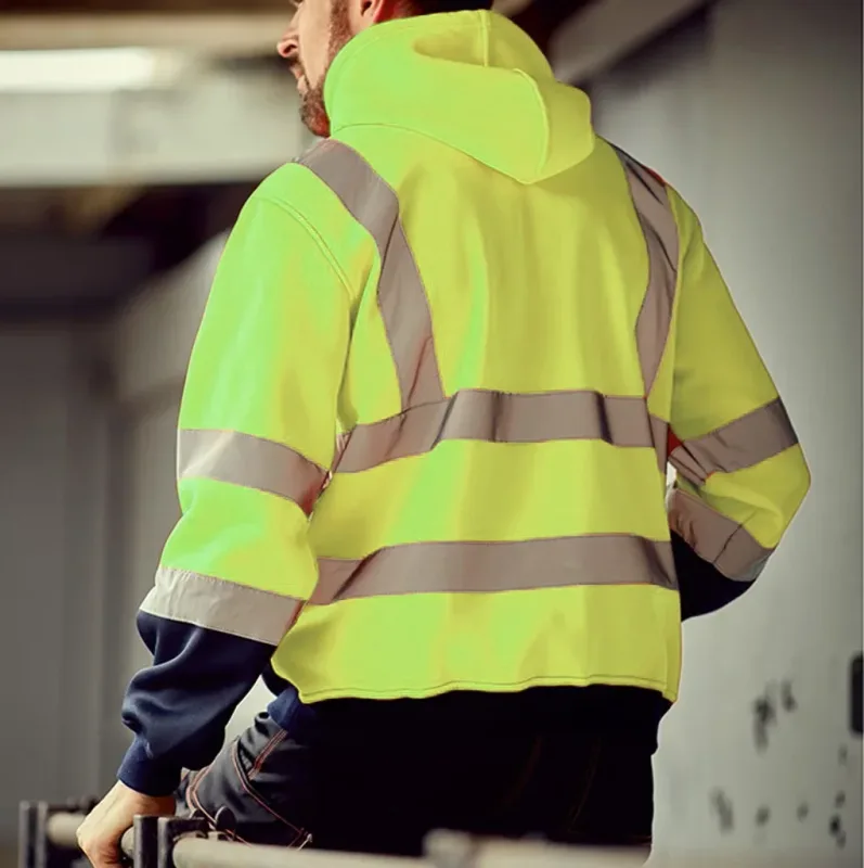 Sudaderas con capucha reflectantes de seguridad para el trabajo para hombre, chaqueta holgada con cordón y cremallera, Jersey fino de lana con capucha, abrigo, sudadera de trabajo informal — image 7