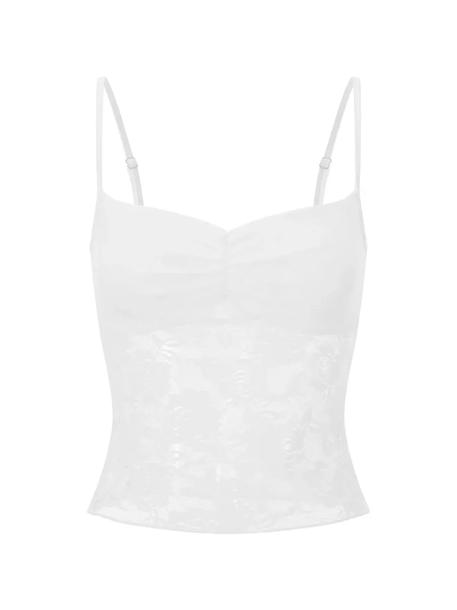 Haut caraco en dentelle d'été pour femmes, sans manches, froncé sur le devant, couleur unie, débardeur Slim Fit