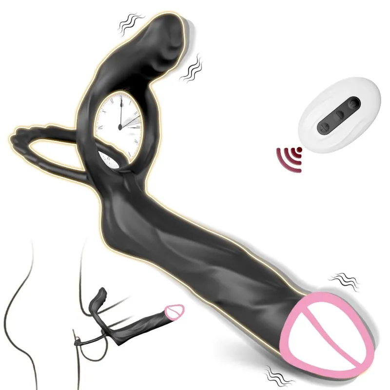 Vibratore a doppia penetrazione per coppia Anello del pene Anello del rubinetto dello sperma Ingrandimento del pene Vibrazione ritardata Giocattoli del sesso per uomini adulti