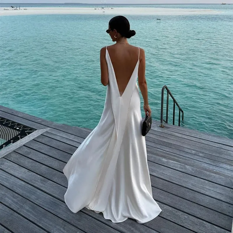Robe longue en Satin pour femmes, dos nu, col en V, sans manches, fente, couleur unie, Sexy, Robes de soirée, vacances, été, 2026