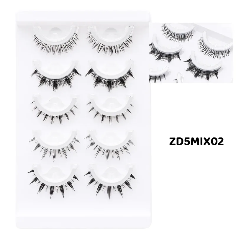 5 Paar Manga-selbstklebende falsche Wimpern im gemischten Stil, kleberfreie, wiederverwendbare natürliche Streifenwimpern für das tägliche Augen-Make-up