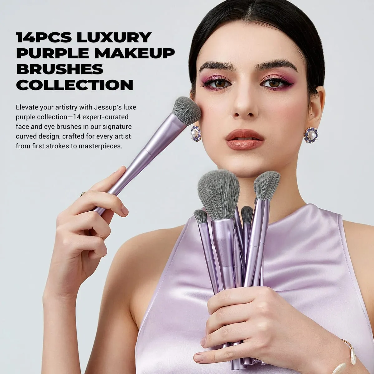 Jessup – ensemble de pinceaux de maquillage professionnels, 14 pièces, pour fond de teint végétalien, fard à paupières, poudre de Contour, Kit de pinceaux de mélange de luxe violet T512 — image 2