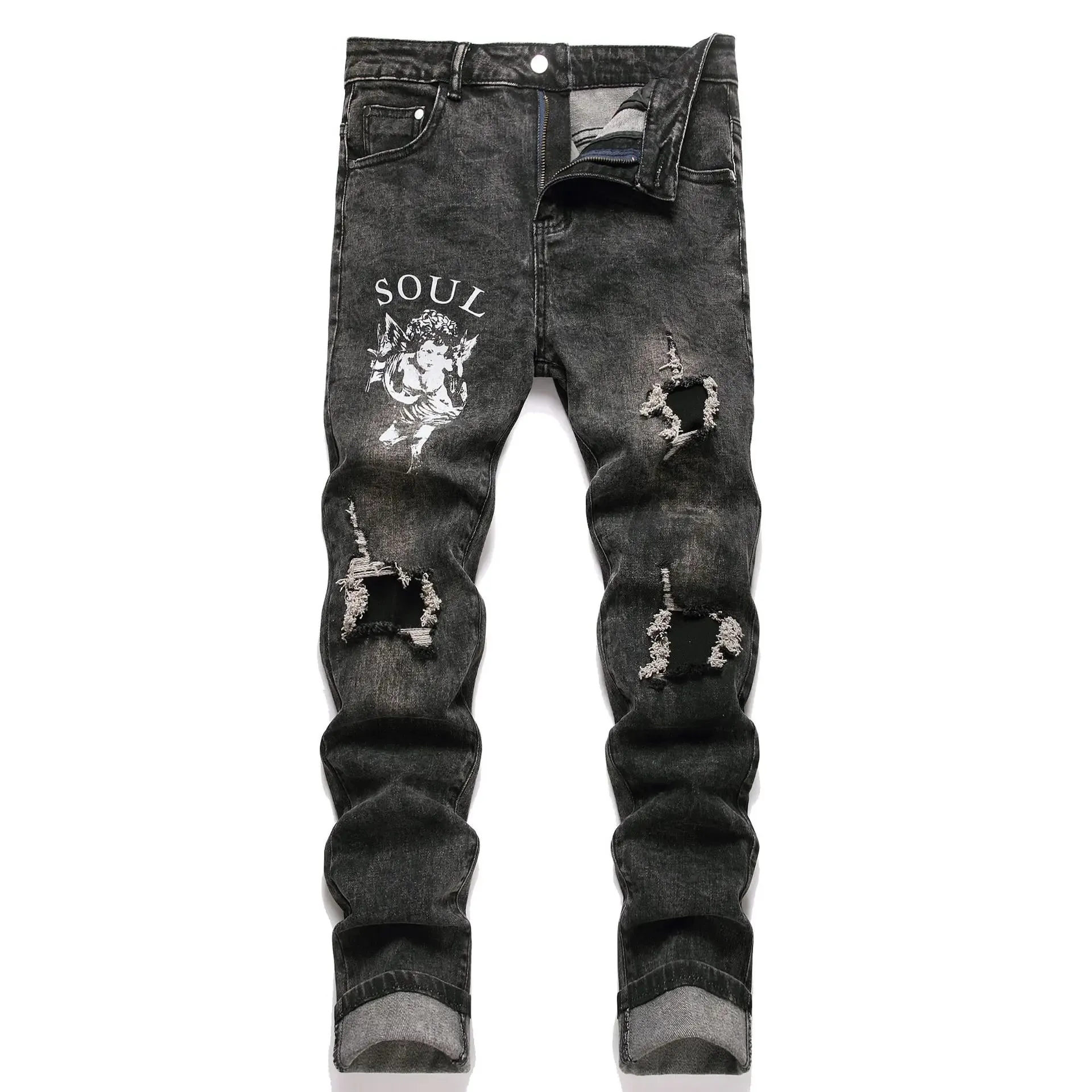 Men Angle Printed Denim Jeans Streetwear Patch Holes Ripped Pants Black Stretch Cotton Slim Straight Trousers