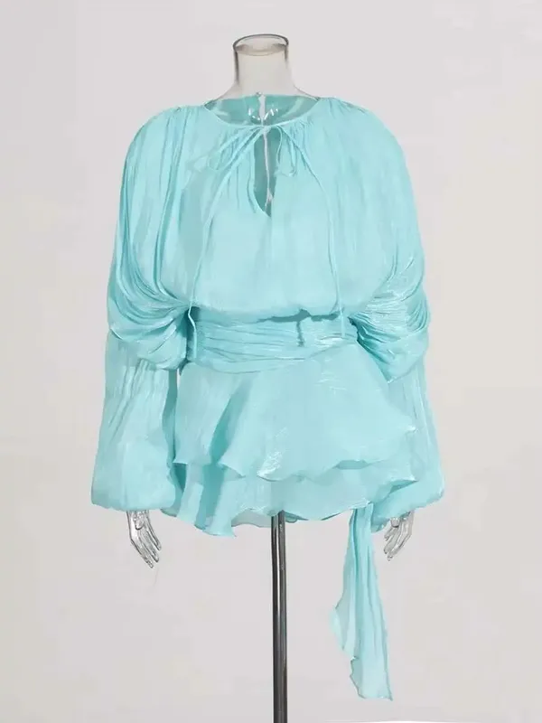 Solide Bluse Mini Kleider Für Frauen V-ausschnitt Langarm Verstärktes Spitze Up Süße Stil Kleid Weibliche Kleidung Mode — image 21