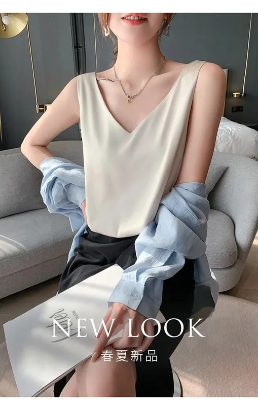 Penggantung Sutera Wanita Rompi Satin Pejal Musim Bunga Musim Gugur 2022 Atasan Pullover Liar Baharu Wanita Dalaman Depan/Belakang V-Leher Nipis Musim Panas — image 8