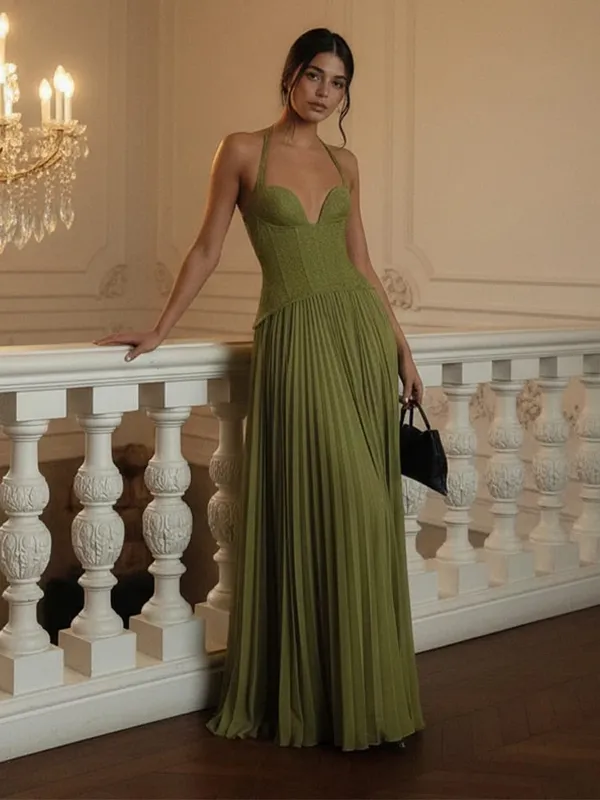 Verde Chic Corsetto Halter Abito lungo Donna Solid Backless Off Spalla Pieghettato Patchwork Abiti slim 2026 Abito da donna Nuovo — image 1