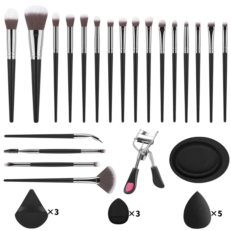 33 Buah Kit Alat Rias 20 Kuas Rias dengan Mangkuk Pembersih Puff Bedak Set Rias Mata Wajah Penuh Penjepit Bulu Mata — image 11