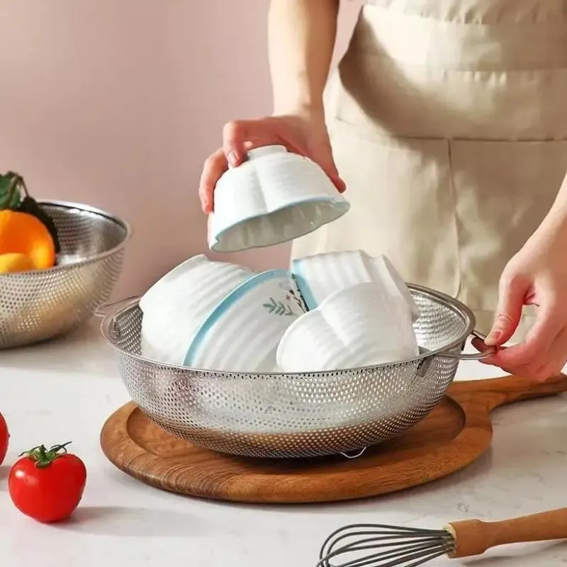 ♥ Foro da cucina in acciaio inossidabile Setaccio a rete densa Colino Setaccio Cestini per lavare frutta/verdura/riso — image 9