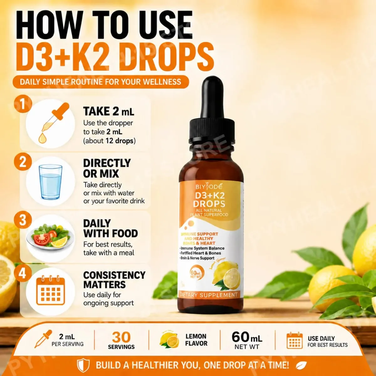 Vitamine D3 K2 Gouttes liquides Absorption du calcium et soutien osseux 1000 UI D3 au goût de citron K2 60 ml 30 portions — image 6