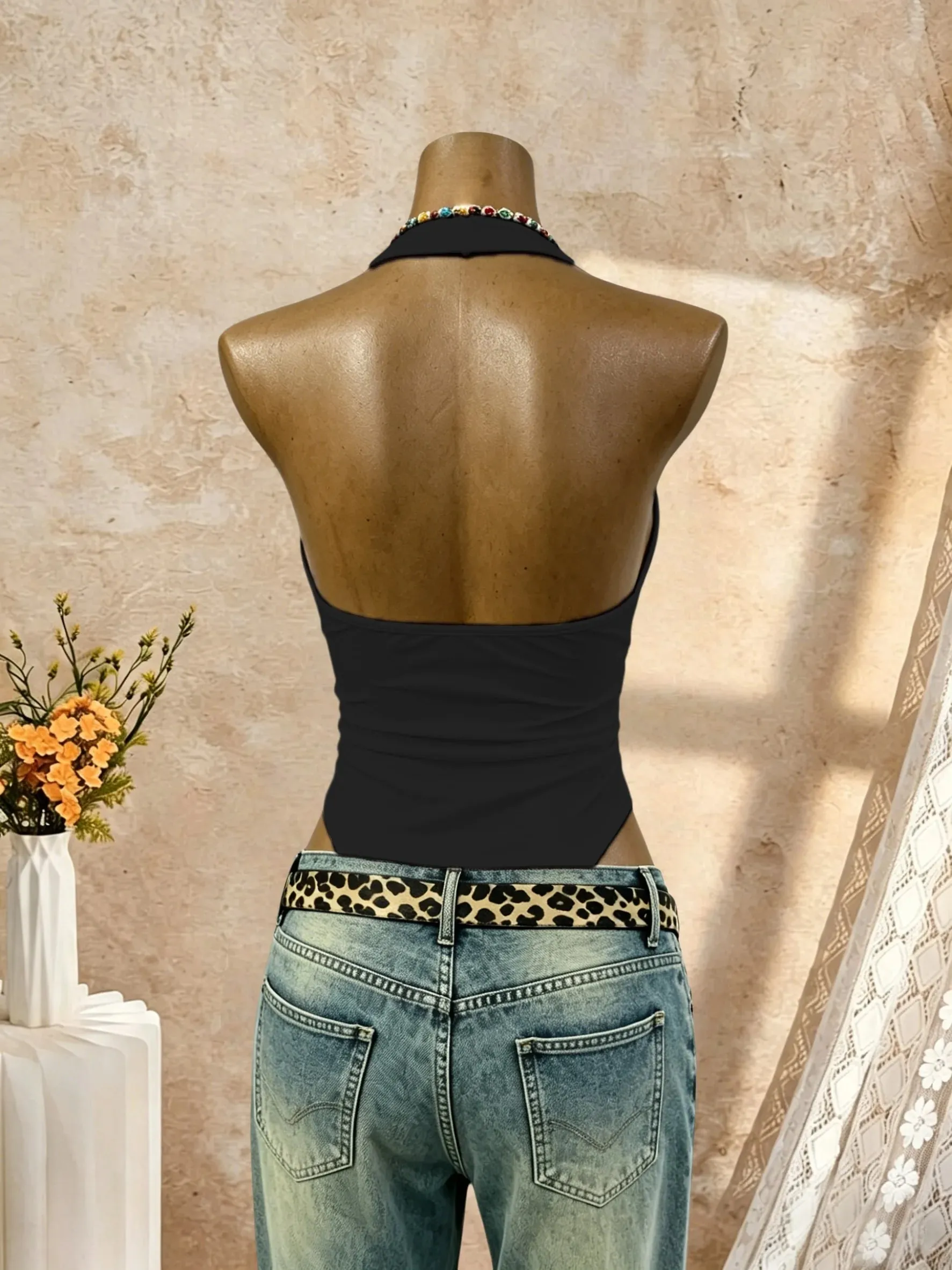 Γυναικείο κορμάκι Halter Deep V λαιμόκοψη μονόχρωμο αμάνικο μπλουζάκι μπροστινό λεπτή εφαρμογή Basic jumpsuit Tank Top — image 2