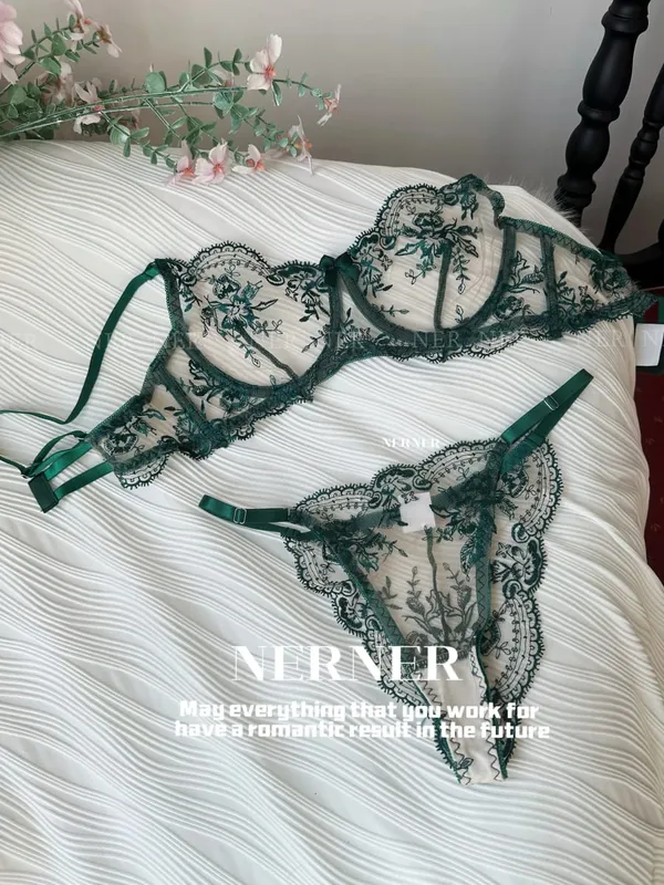 Französischer Stil Mesh-Stickerei-Spitzen-BH-Set mit Bügel, leicht transparenter dünner Dessous-Minimizer-BH für große Büste S-XL — image 11