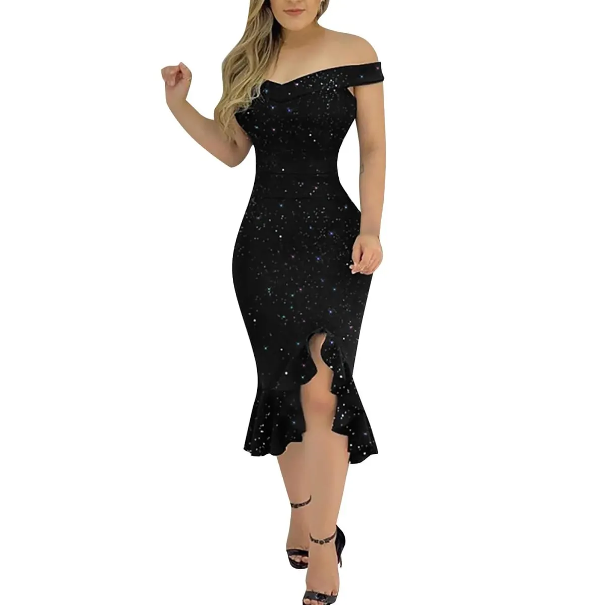 Abito da festa da donna Sexy con spalle scoperte Split Ruffle Solido aderente Abito al ginocchio Moda Glitter Abiti eleganti da festa Vestido — image 4