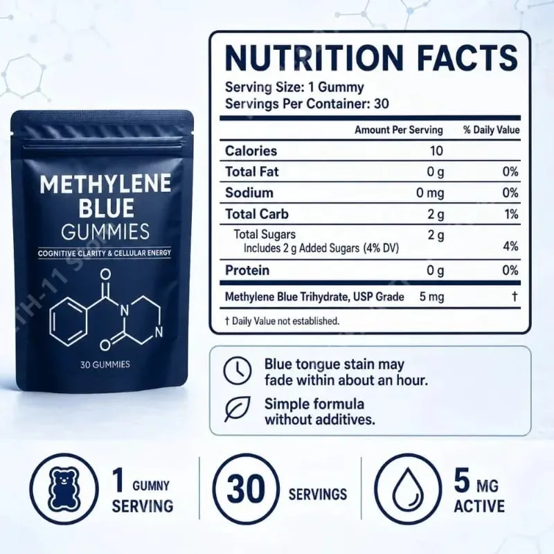Methylenblaue Gummibonbons, 5 mg, 30/60 Karat, Blaubeergeschmack für anhaltende Energie, geistige Klarheit und Stimmung, zelluläre Unterstützung — image 6