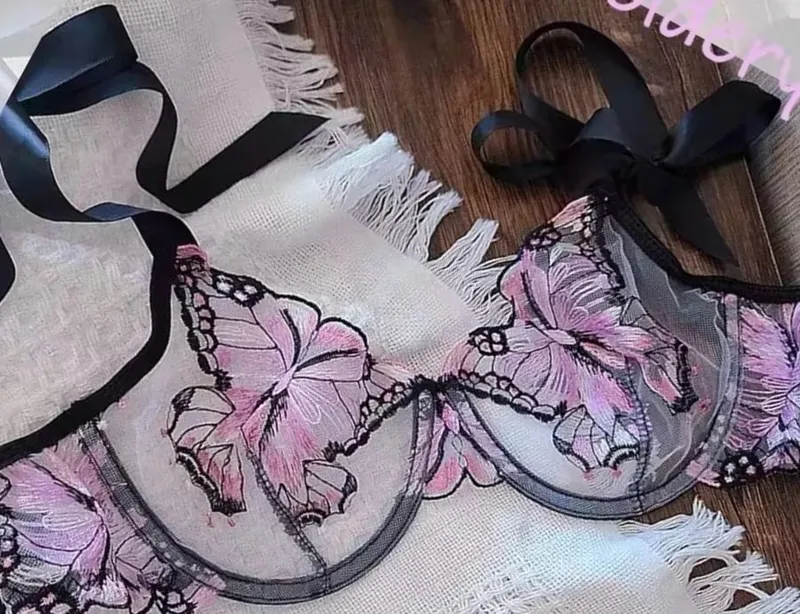Reggente Pizzo Francese Farfalla Rete Trasparente Spalline Elastiche Senza Spugna 세트 Intimo S-XL Nuovo Morbido
