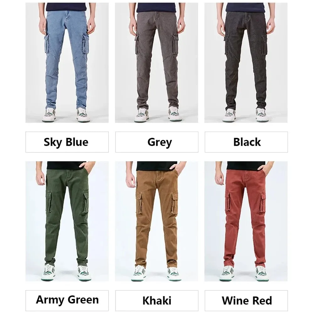 Pantalones Cargo de Mezclilla con Cintura elástica Estilo Callejero para Hombre, Vaqueros Informales de Corte Entallado y Lavado de Color sólido con múltiples Bolsillos para Uso Diario