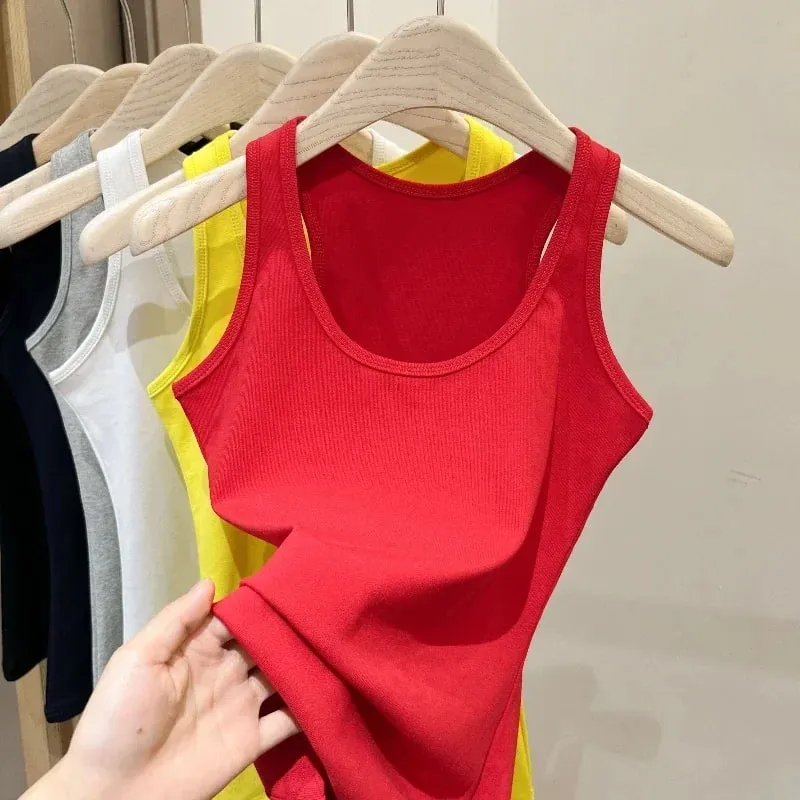 Neue Koreanische Stil U-Neck Ärmellose Strap Tank Tops Abnehmen Basis Schicht Top Mode Minimalistischen Design Sommer Weibliche Solide camis — image 14