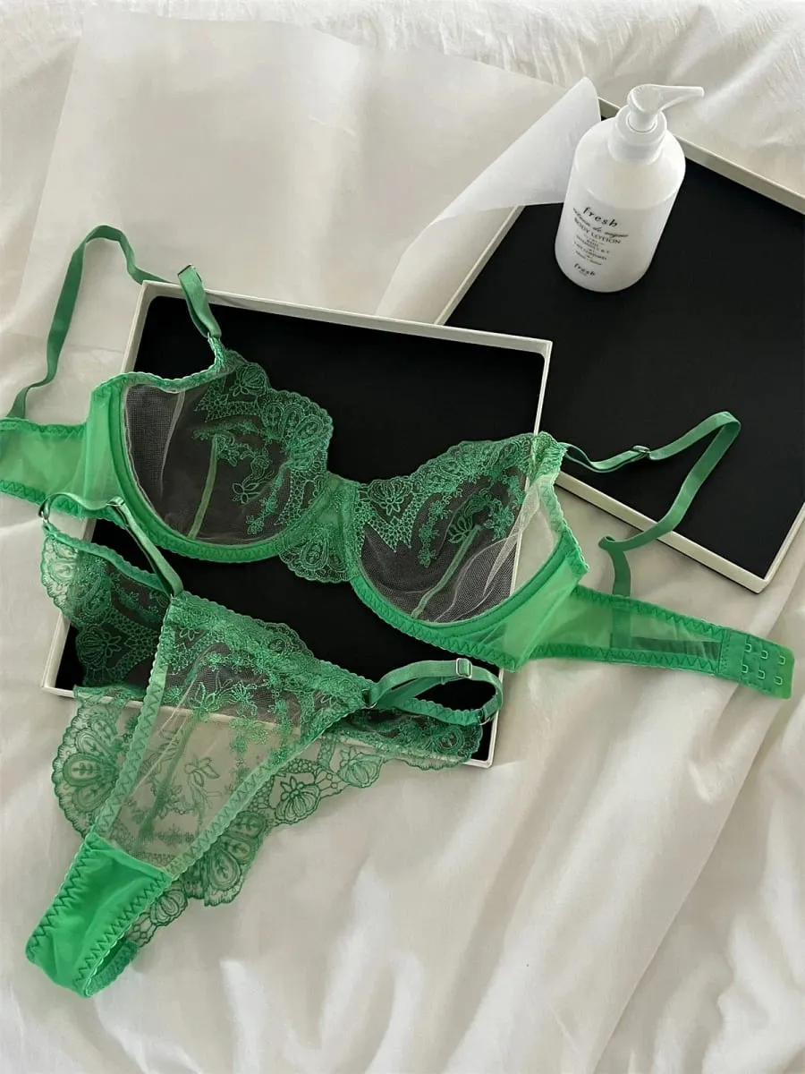 Sexy Lace Push Up Bra Set Transparent Triangle Cup & Romantic Green Lace Underwear for Women — image 3