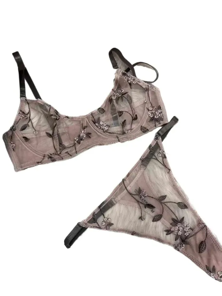 Ensemble de lingerie à armatures de soutien soutien-gorge et slip en maille transparente dentelle brodée sexy ultra fine demi-tasse anti-affaissement cadeau de date pour elle — image 1