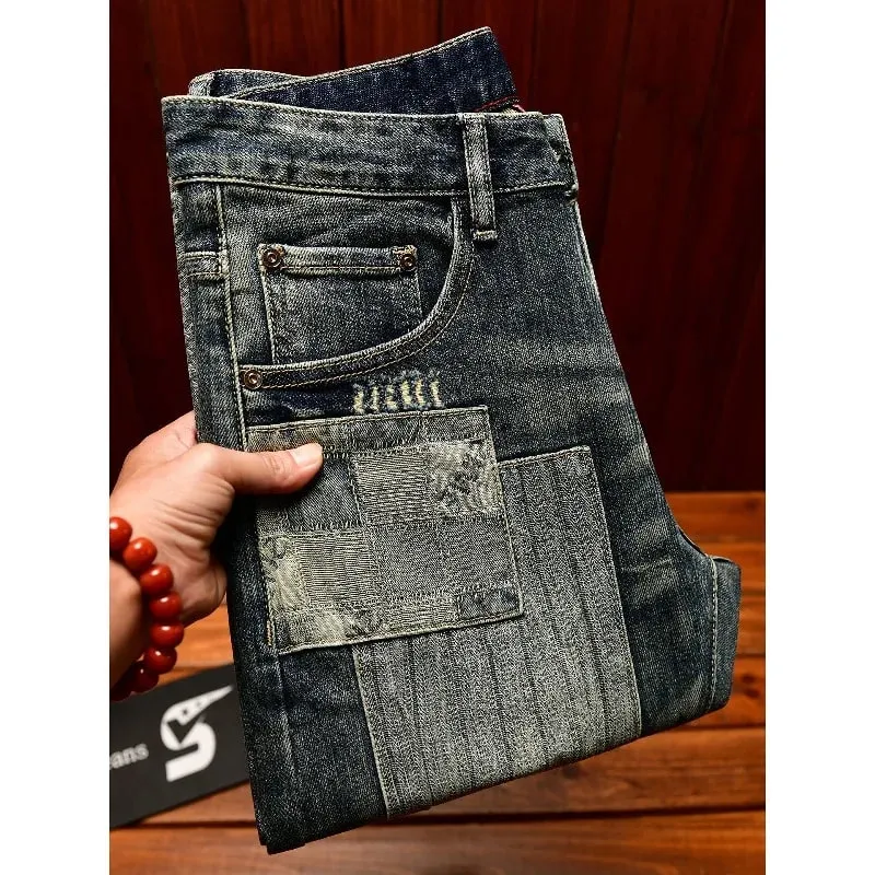 Retro og nostalgisk patchwork-design jeans til mænd trendy og moderigtigt street herretøj slim fit small fod lange bukser — image 4