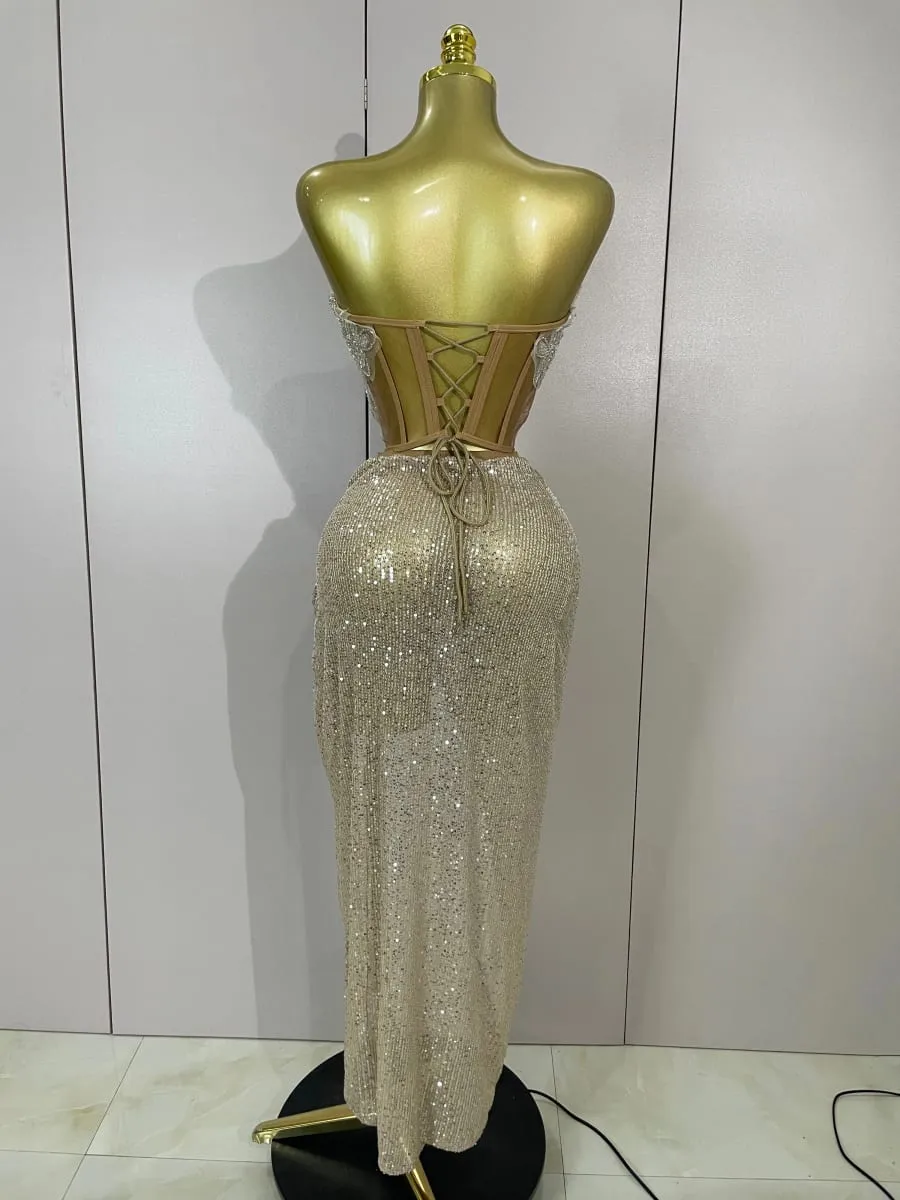 Sparkly Pailletten Perlen Sexy Liebsten Zwei Stücke Set Frauen Abend Feiern Nachtclub Party Luxus Geburtstag Kleid Bühne Kostüm — image 3