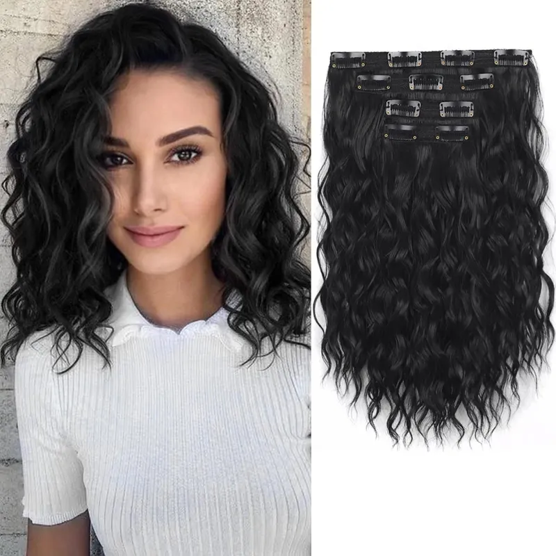 Estensioni dei capelli sintetici 4 pezzi 14 pollici corti ricci ondulati marrone biondo colore trama invisibile del pizzo posticci morbidi naturali per le donne — image 9