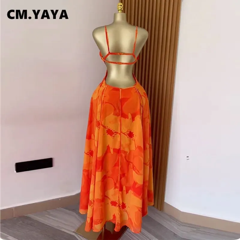 CM.YAYA Donne Stampato Floreale Cinghia Backless Reggiseno Anteriore Grande Altalena Maxi Abito Lungo 2025 Vintage Sexy Club Abiti Da Sera Del Partito — image 4