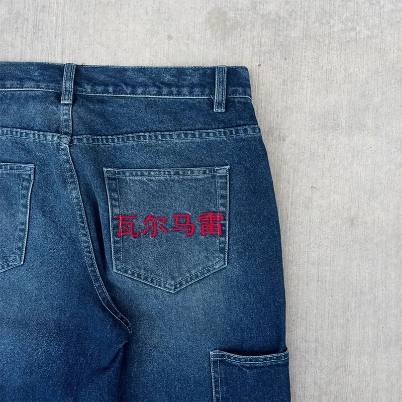 Ricamo Dragon Graffiti blu scuro jeans larghi larghi a gamba larga in difficoltà Y2K vita alta uomo donna vintage casual quotidiano streetwear — image 5