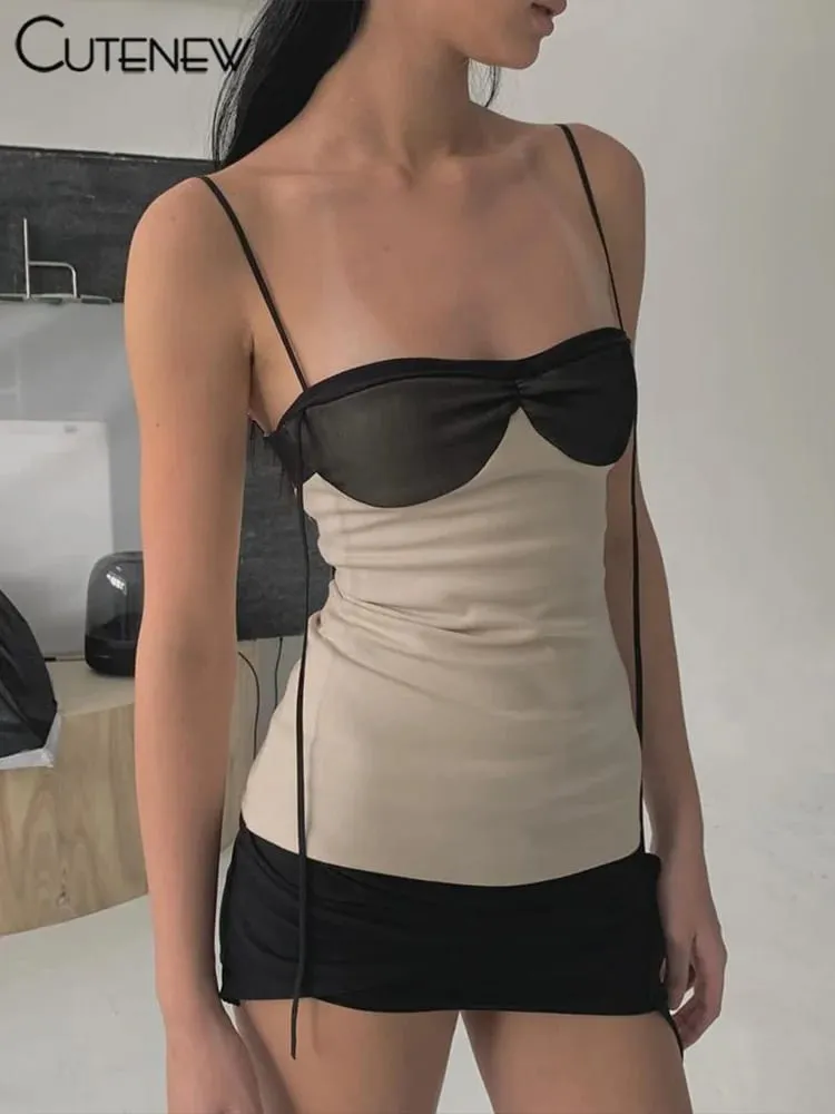 Cutenew Panelli Kadın Mini Elbise Muhtasar Püskül Patchwork Sarılmış Göğüs Düzensiz Backless Süper Kısa Elbise Trendi streetwear — image 4