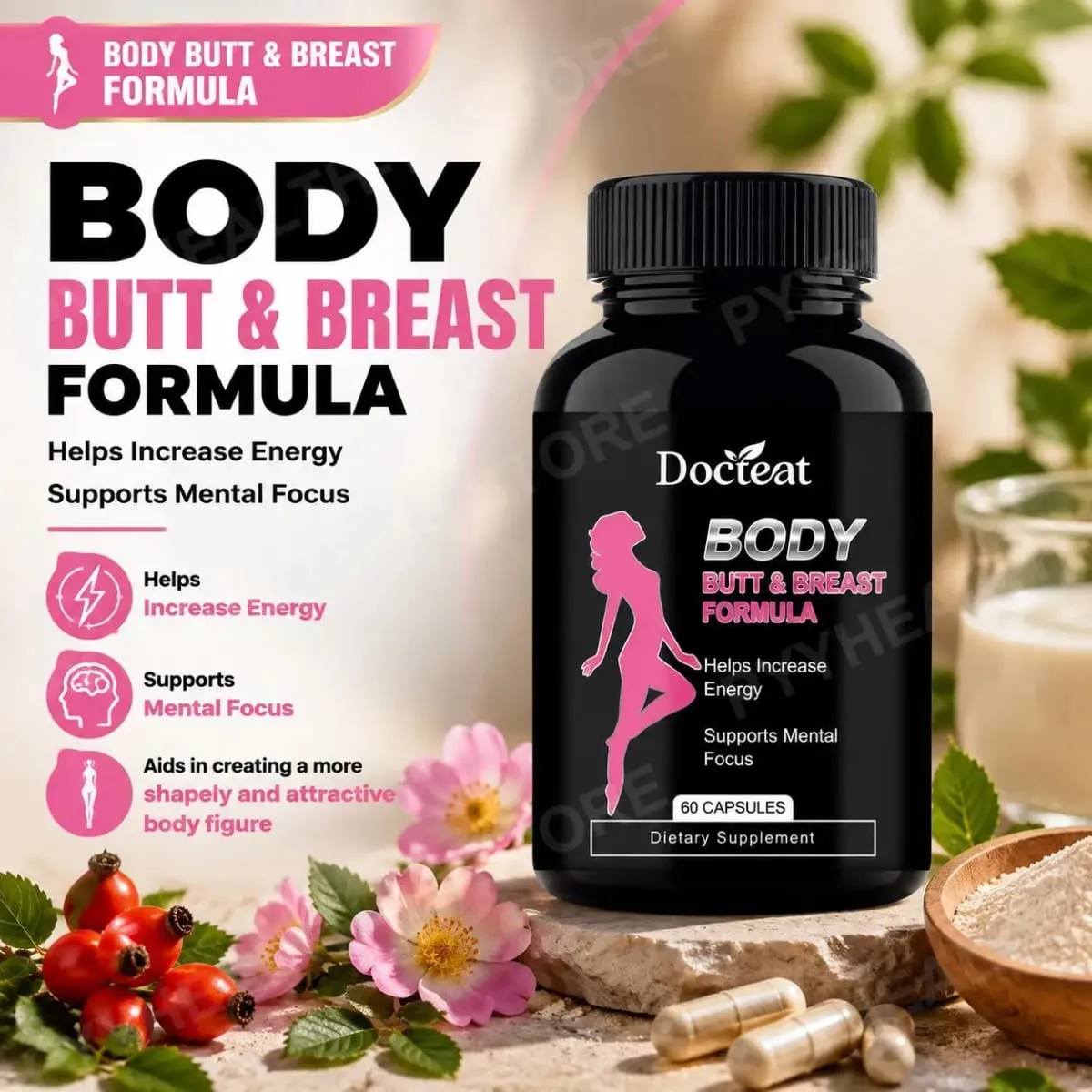 แคปซูลสูตร Docteat Body Butt & Breast ช่วยเพิ่มพลังงานและรองรับสมาธิด้วย Creatine และเวย์ 60 แคปซูล — image 2
