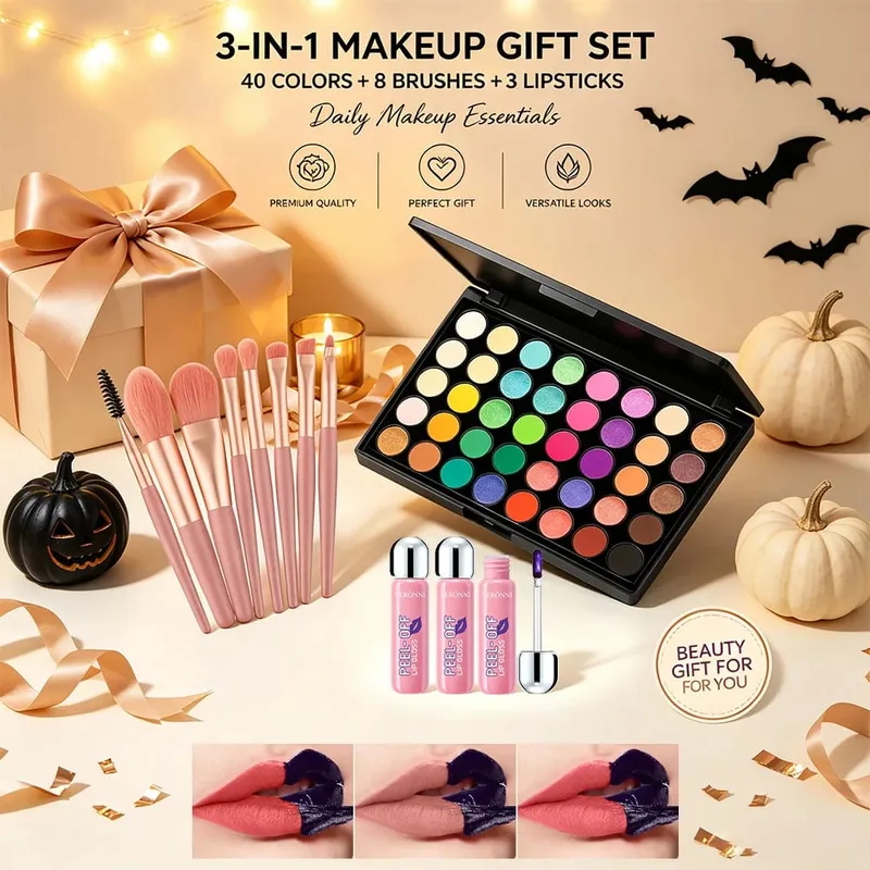 Kit per il trucco da 5 pezzi Palette di ombretti da 40 colori + 3 lucidalabbra staccabili con 8 pennelli Ombretto opaco brillante Ombretto per trucco completo Regalo — image 6