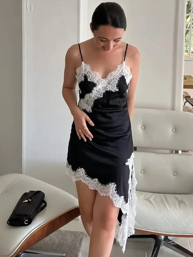 HH Women Elegant Asymmetry Hem Solid Dress Sleeveless Backless V Neck Fashion Dresses Female Sexy Lace splicing Mini Beach Dress — image 7