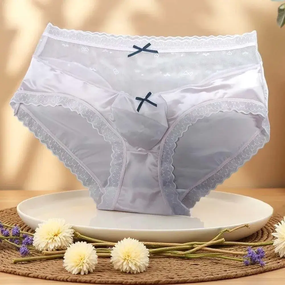 Men Satin Lace Brief Underwear Sweet Bow Decoration Sheer Mesh Waistband Scalloped Lace Trim Soft Smooth Fabric Sexy Male Briefs — image 9