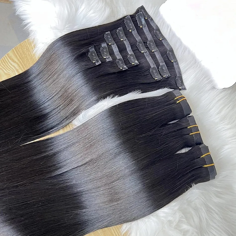 Rohe, unverarbeitete 100 g 7 Teile/Satz nahtlose Clips in #1B natürliche Farbe Echthaarverlängerungen langer PU-Schuss unsichtbares glattes Haar — image 2