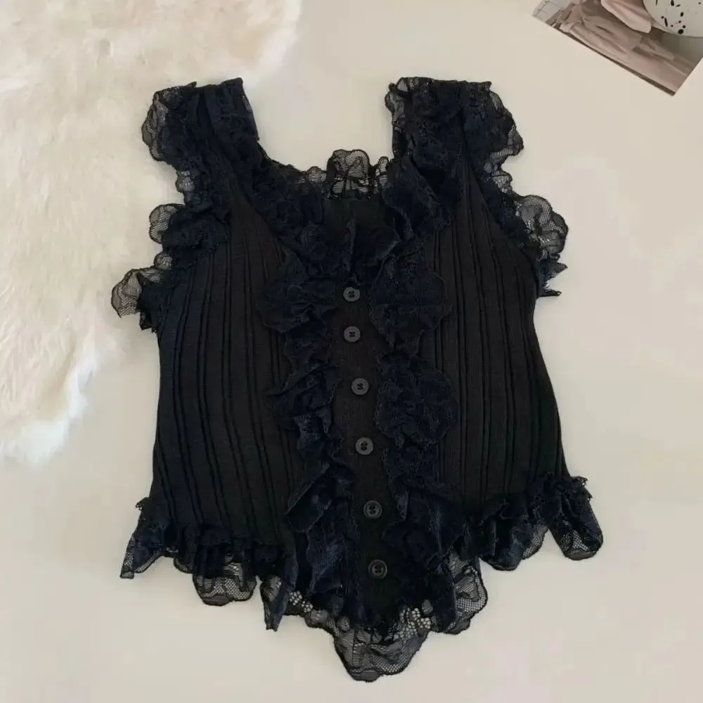 Cute Y2k Lace Knitted Crop Top Tank Korean Style Women's Knit Vest Top Undershirt Sweet Sleeveless Camisole Summer — image 3