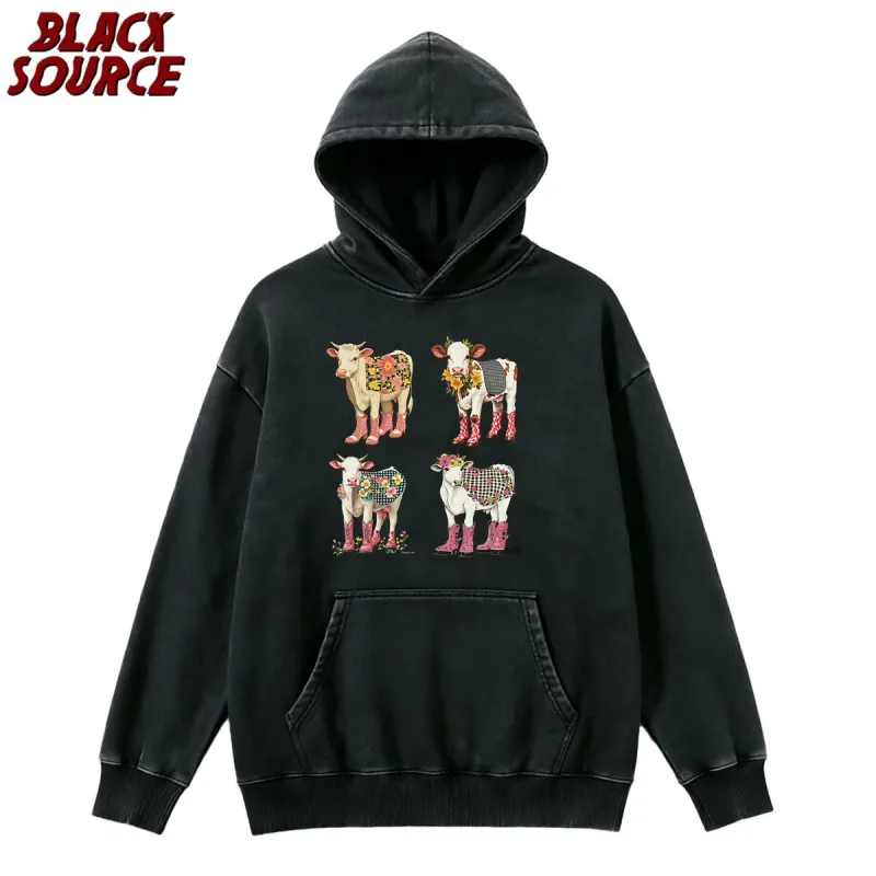 T078 Cute Cartoon Cow Print Hoodie, Washed Neutral Style Pullover Sweatshirt, Fashion Trend Casual Streetwear Daily Wear — image 1