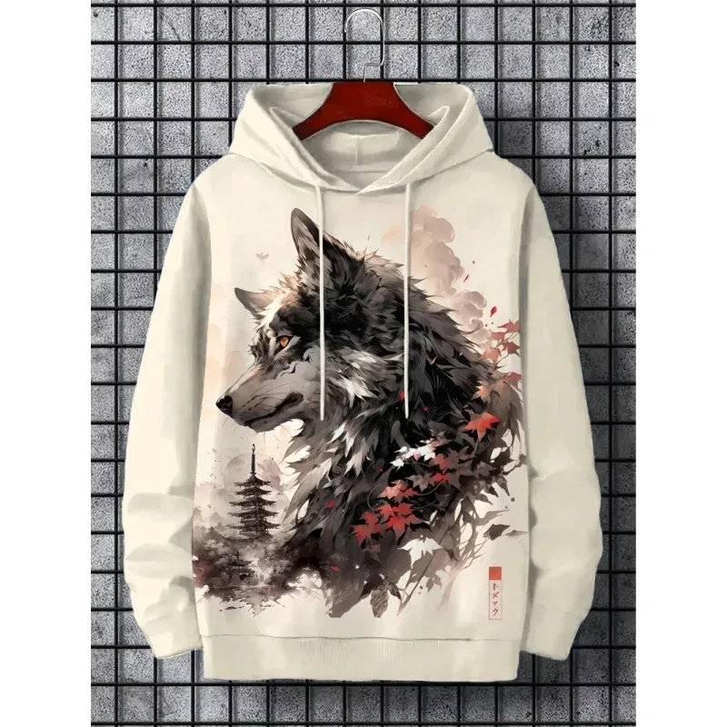 3d impresso ondas macarrão moletom com capuz para homens legal lobo padrão manga longa topos moletom casual harajuku pulôver solto hoodies — image 5