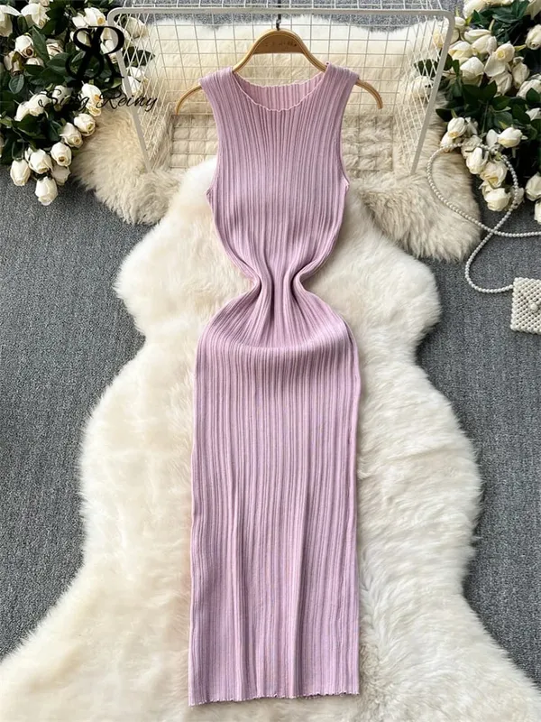 Pakaian Panjang Sarung Wanita O Leher Tanpa Lengan Pejal Berlipat Berkait Berkait Fesyen Elastik Bertali Elegan Pakaian Bodycon Seksi Retro — image 10