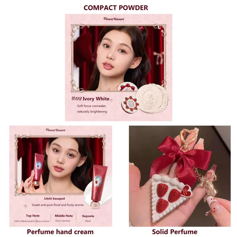 Sady Flower Knows Strawberry Cupid Full Coverage Foundation Powder Kompaktní pudr Tuhý parfém Krém na ruce Dárková sada pro ženy — image 6