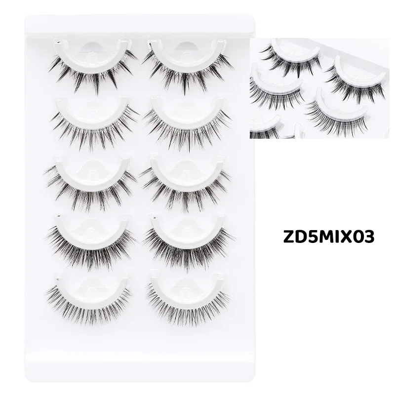 5 Paar Manga-selbstklebende falsche Wimpern im gemischten Stil, kleberfreie, wiederverwendbare natürliche Streifenwimpern für das tägliche Augen-Make-up — image 9